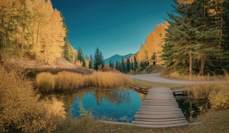 A wooden bridge spans a small pond in a forest, surrounded by trees with vibrant autumn colors, set against a clear blue sky.の写真素材