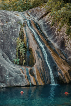 A stunning waterfall flows down a rocky slope into a tranquil lake, surrounded by lush greenery.の写真素材