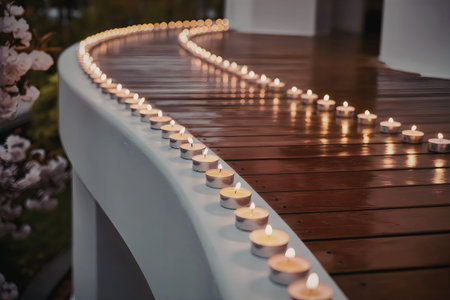 A winding line of lit candles on a dark wooden deck, creating a peaceful and warm atmosphere, with a blurred background of greenery and flowers.の写真素材