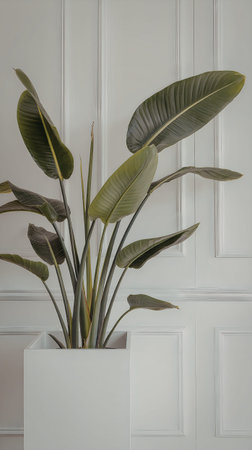 A large green plant with long, broad leaves in a white square planter against a white paneled wall.の写真素材