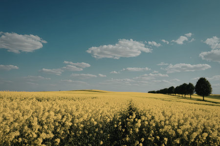 a large field of yellow flowers under a blue sky with white clouds and a few trees on the right side