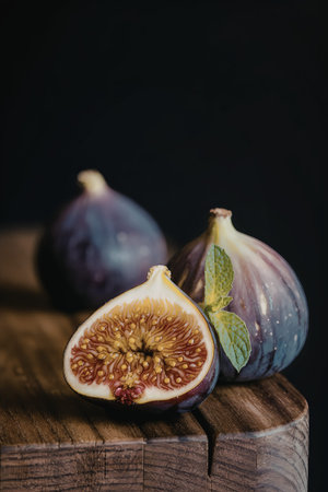 Three fresh figs on a wooden cutting board, one cut open to reveal its interiorの写真素材
