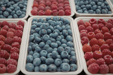 A collection of fresh blueberries and raspberries in white containers