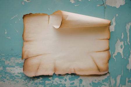 A piece of burnt paper on a blue wall with peeling paint