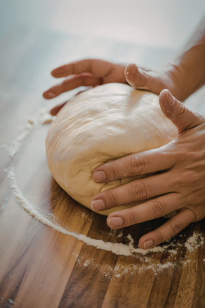 A person kneading a ball of dough on a floured wooden surface with their hands.