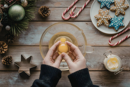 A person's hands holding oranges over a glass bowl on a wooden table surrounded by Christmas decorations.の写真素材