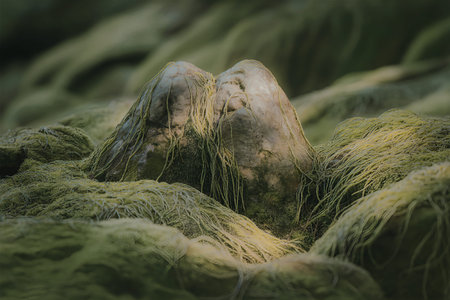 A serene landscape featuring moss-covered rocks surrounded by lush green foliage, emphasizing nature's tranquility and beauty.の写真素材