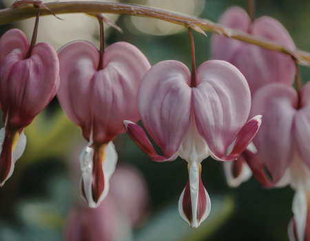 Close-up of pink bleeding heart flowers hanging from a branch, showcasing their unique heart-shaped petals.の写真素材