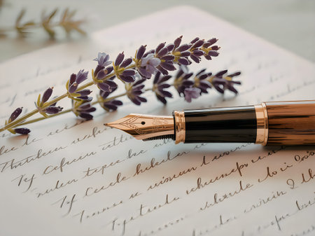 A close-up of a fountain pen lying on a piece of paper with handwritten text, accompanied by a sprig of lavender.の写真素材