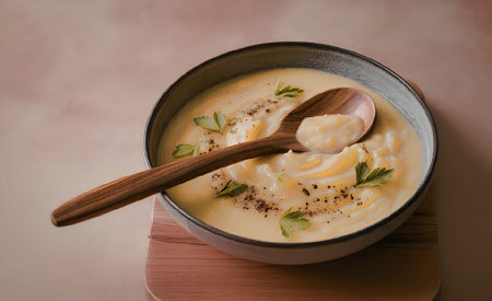 a bowl of creamy soup with a wooden spoon on a wooden board
