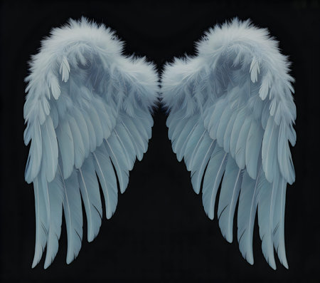 A pair of white angel wings with fluffy feathers on a black background