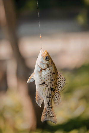 A fish with a white body and brown spots hangs from a fishing line.の写真素材