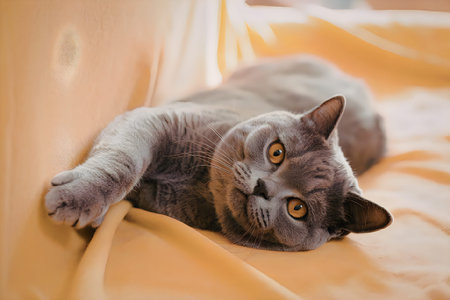 A gray cat with orange eyes lies on a yellow surface, looking directly at the camera.の写真素材