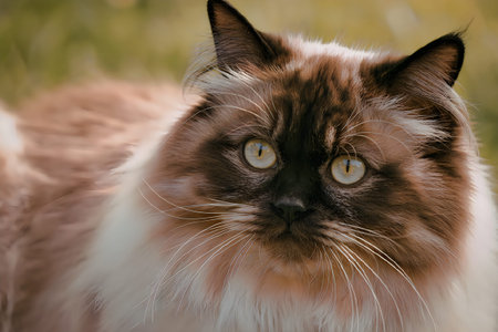 A close-up portrait of a stunning cat with striking eyes and fur, showcasing its unique markings and expression.の写真素材