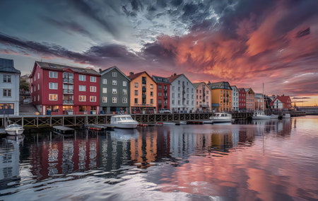 A serene waterfront scene featuring a row of vibrant, multicolored houses reflecting off the calm water under a dramatic sunset sky.の写真素材