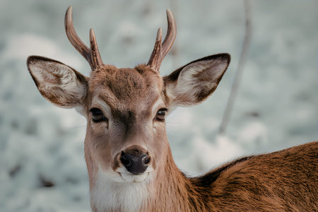 A deer standing in a snowy environment, looking directly at the camera with its ears perked up and...