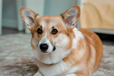A corgi is lying on a carpeted floor, looking directly at the camera with its distinctive short stature and tan and white coat.の写真素材