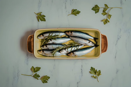 A baking dish containing several fresh sardines garnished with herbs on a marble surface.の写真素材