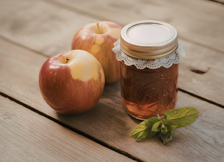 A jar of homemade apple jam with fresh apples and mint leaves on a wooden tableの写真素材