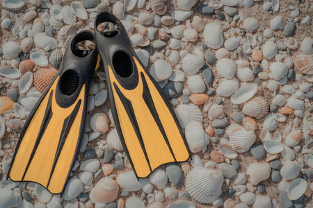 A pair of yellow and black flippers on a rocky beach