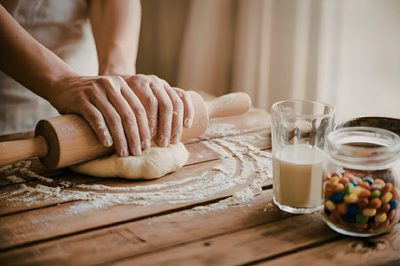 A person is kneading dough on a wooden table with flour, a glass of milk, and a jar of colorful...