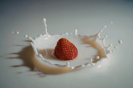 A single strawberry sitting in a splash of milk on a plain surfaceの写真素材