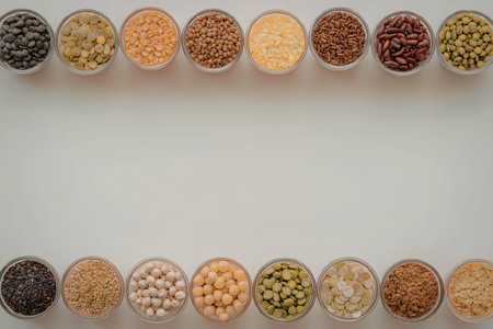 An assortment of different pulses and grains displayed in small bowls arranged in two rows.