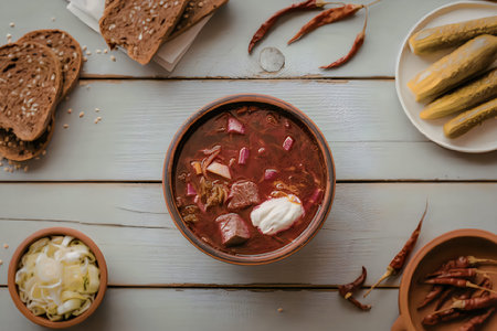 A bowl of stew with bread and other food items on a wooden tableの写真素材