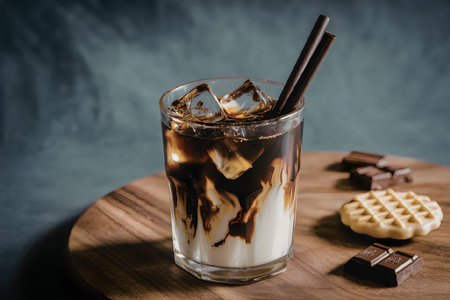 A refreshing glass of iced coffee with chocolate syrup and chunks on a wooden table with a cookie and chocolate pieces.の写真素材