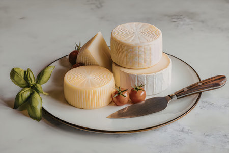 A beautifully arranged cheese platter featuring a variety of artisanal cheeses, fresh fruits, and a...