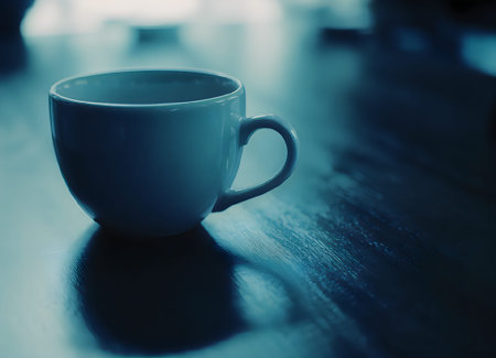 A close-up shot of a white coffee cup on a dark wooden table with a blurred background.