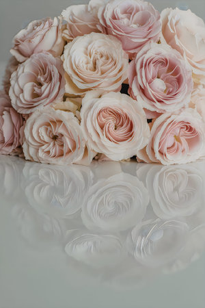 A beautiful bouquet of pink roses placed on a reflective surface, showcasing their delicate petals and soft colorの写真素材