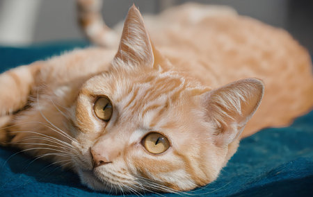 An orange tabby cat with yellow eyes lies on a blue surface, looking directly at the camera.の写真素材