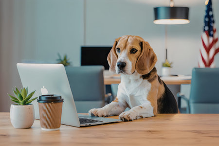 A beagle dog sitting at a desk with a computer, coffee cup, and plant, in an office setting.の写真素材