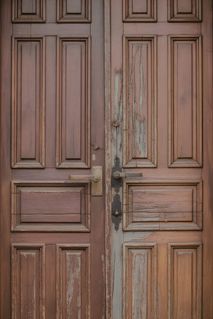 The image shows a close-up view of an old wooden door with a brown color and worn paint. The door has a rectangular panel design and a metal latch.の写真素材