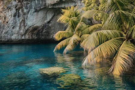 A tranquil tropical cove with crystal clear waters, surrounded by palm trees and a rugged cliffside.