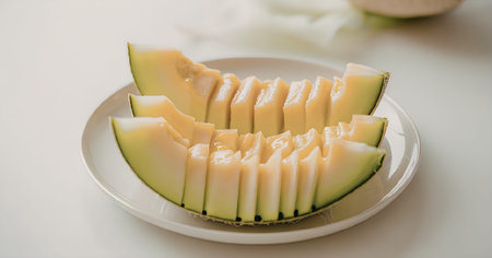 A plate of sliced melon, cut into thin wedges and arranged neatly.の写真素材