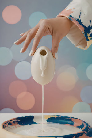 A hand holding an egg shaped object pouring white paint into a blue and white plate