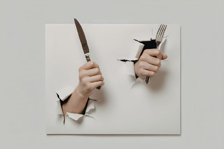 A creative image of two hands holding a knife and fork, protruding through a torn paper background.の写真素材