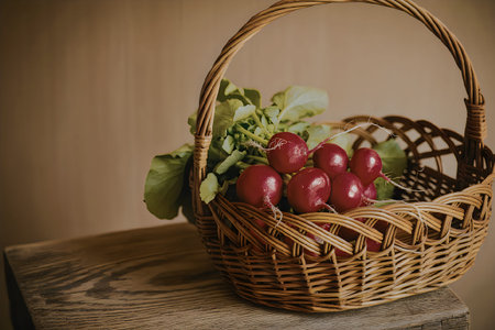 A wicker basket filled with fresh radishes and greens on a wooden surfaceの写真素材