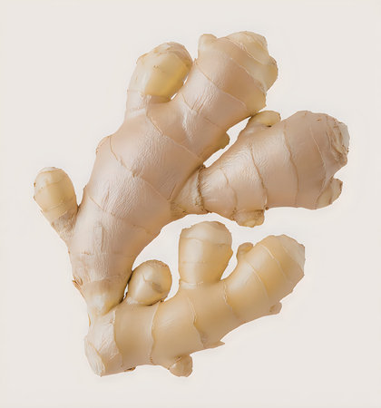 A close-up photo of a fresh ginger root against a plain background, showcasing its natural texture...
