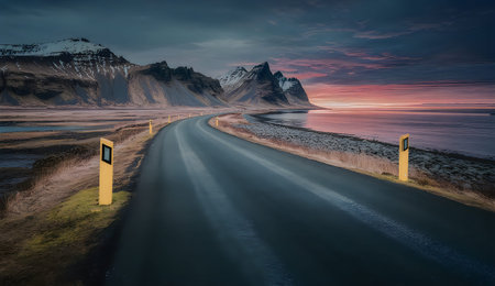 A serene road winds its way to coastal mountains during a breathtaking sunset, with headlights...