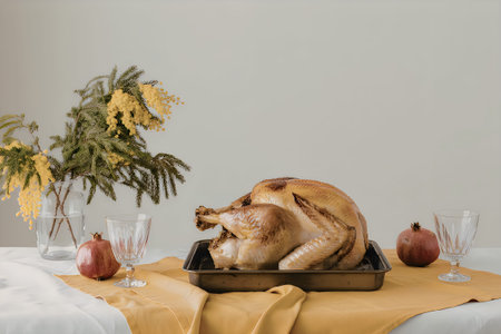 A roasted turkey on a table with pomegranates and wine glasses