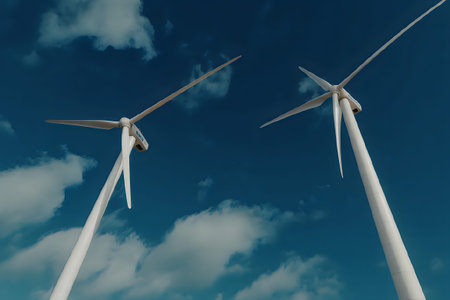 Two wind turbines stand tall against a clear blue sky with scattered white clouds.