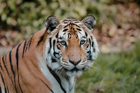 A tiger is looking directly at the camera with its distinctive orange and black stripes visible.の写真素材