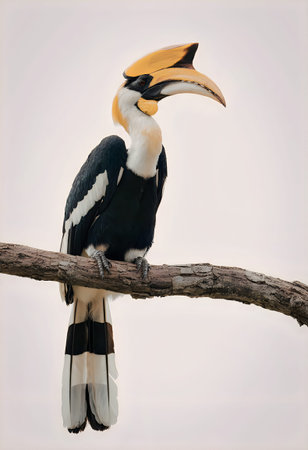 A large black and white bird with a distinctive yellow crest perched on a branch.の写真素材