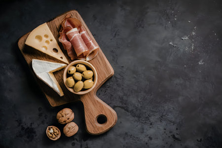 A selection of artisanal cheeses, cured meats, olives, and nuts arranged on a wooden cutting board.の写真素材