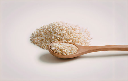 A wooden spoon filled with sesame seeds, with a pile of sesame seeds beside it, all on a plain white surface.の写真素材