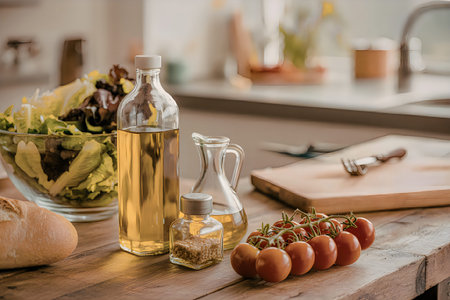 A kitchen counter with a bottle of oil, a small jug, a plate of salad, a loaf of bread, cherry tomatoes, and a cutting board.の写真素材