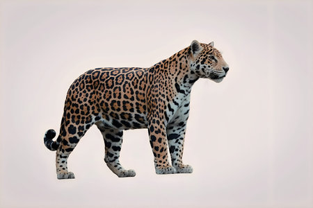 A leopard standing in profile view with a plain background, showcasing its distinctive coat pattern...